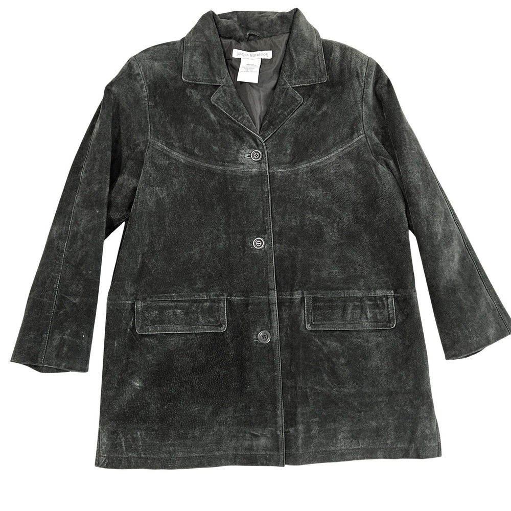 Vintage 90s Y2K Jessica Holbrook 100% Leather Jacket Coat Retro Womens Green M